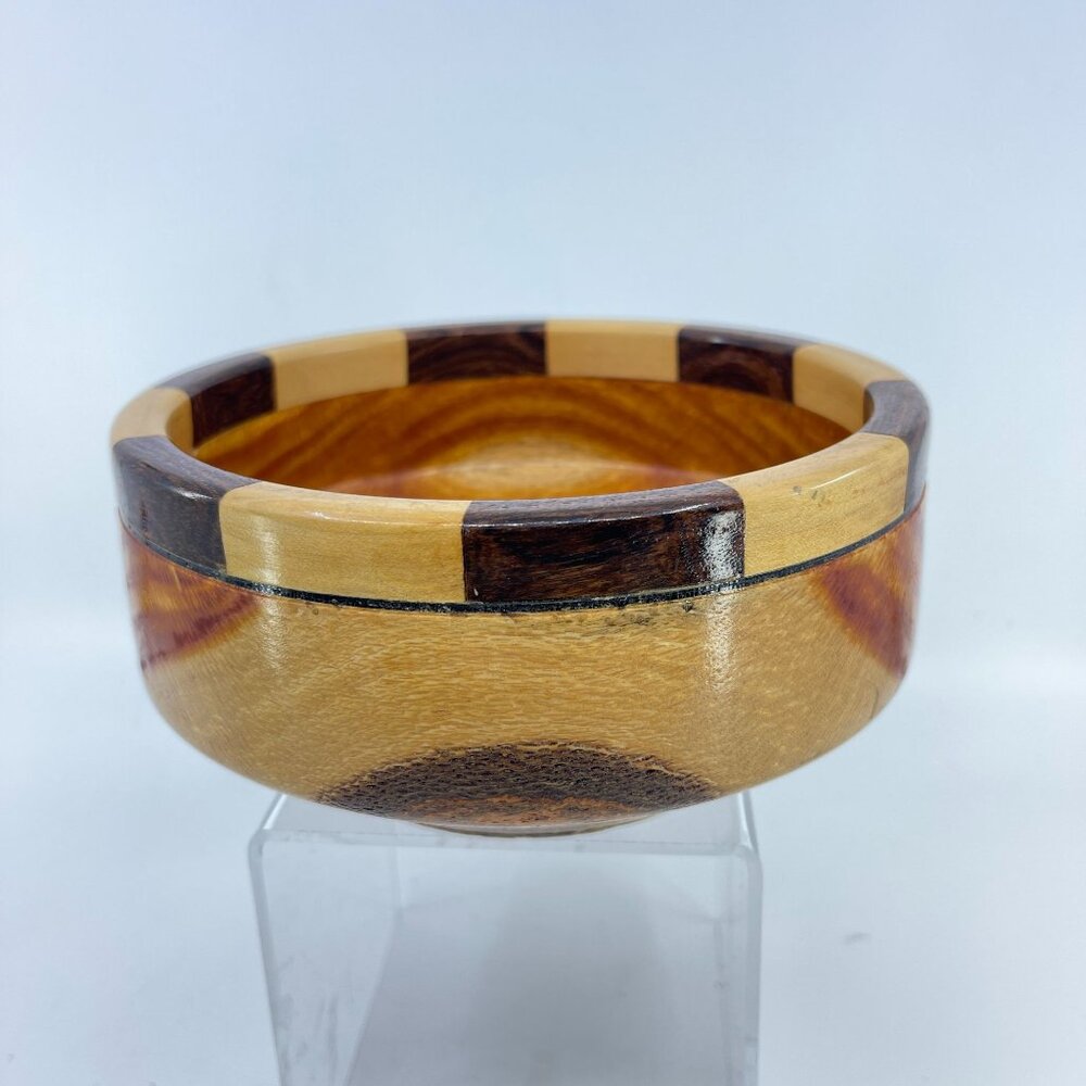 vintage handcrafted wood bowl with contrasting light & dark wood pattern signed
